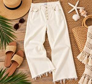 Judy Blue Button Fly 5 Pocket White Cropped Raw Hem Jeans. Ladies 14W